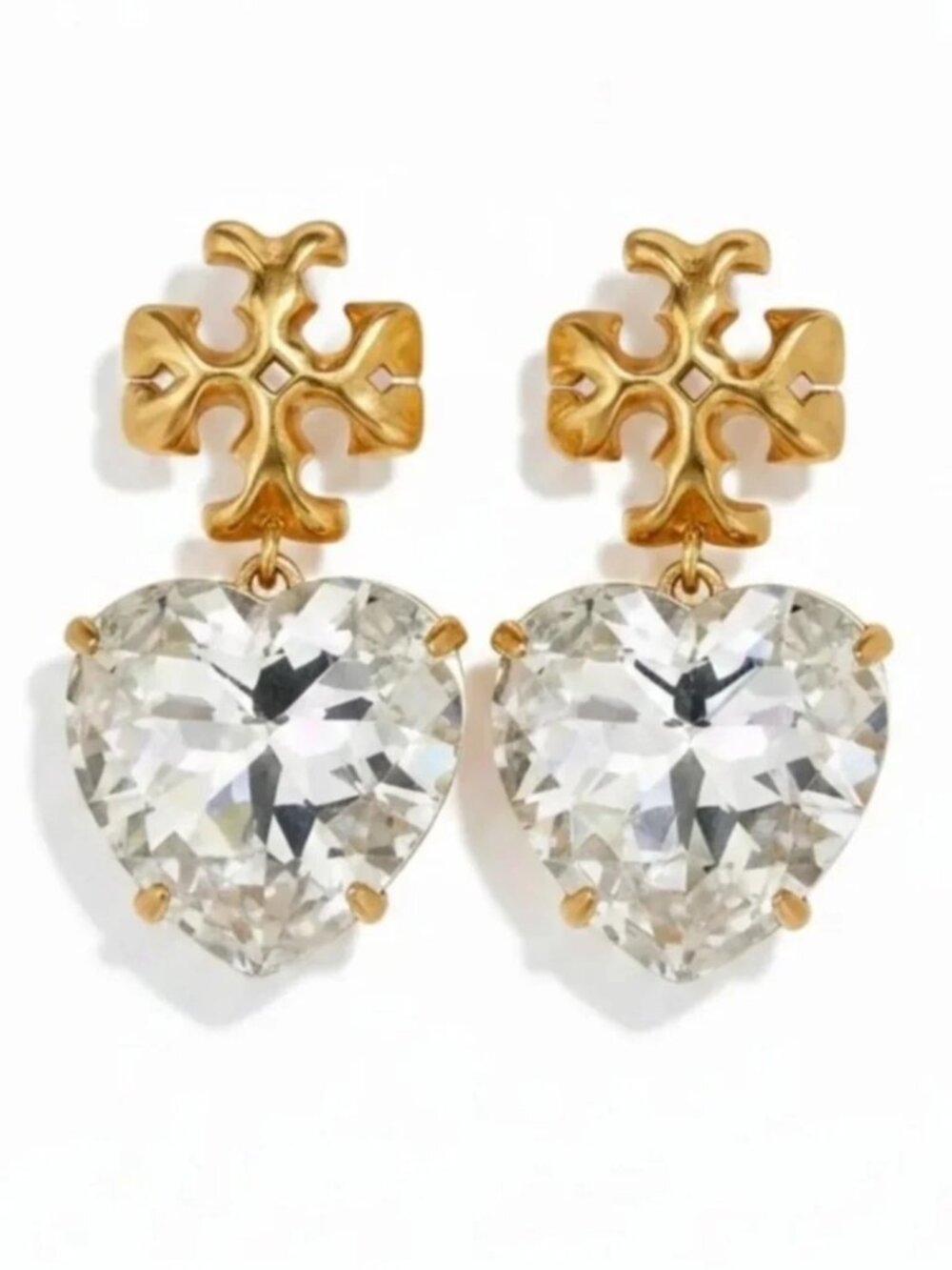 Tory Burch 18K Gold Crystal Heart Drop Earrings Kira Double T Statement Jewelry